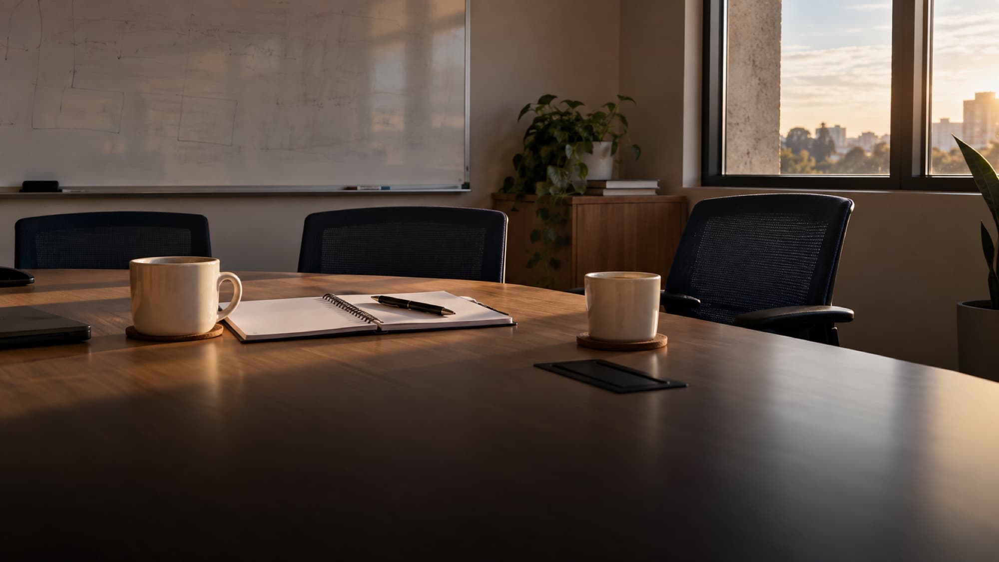 Sala de reunião de uma empresa às sete e meia da manhã, antes do encontro