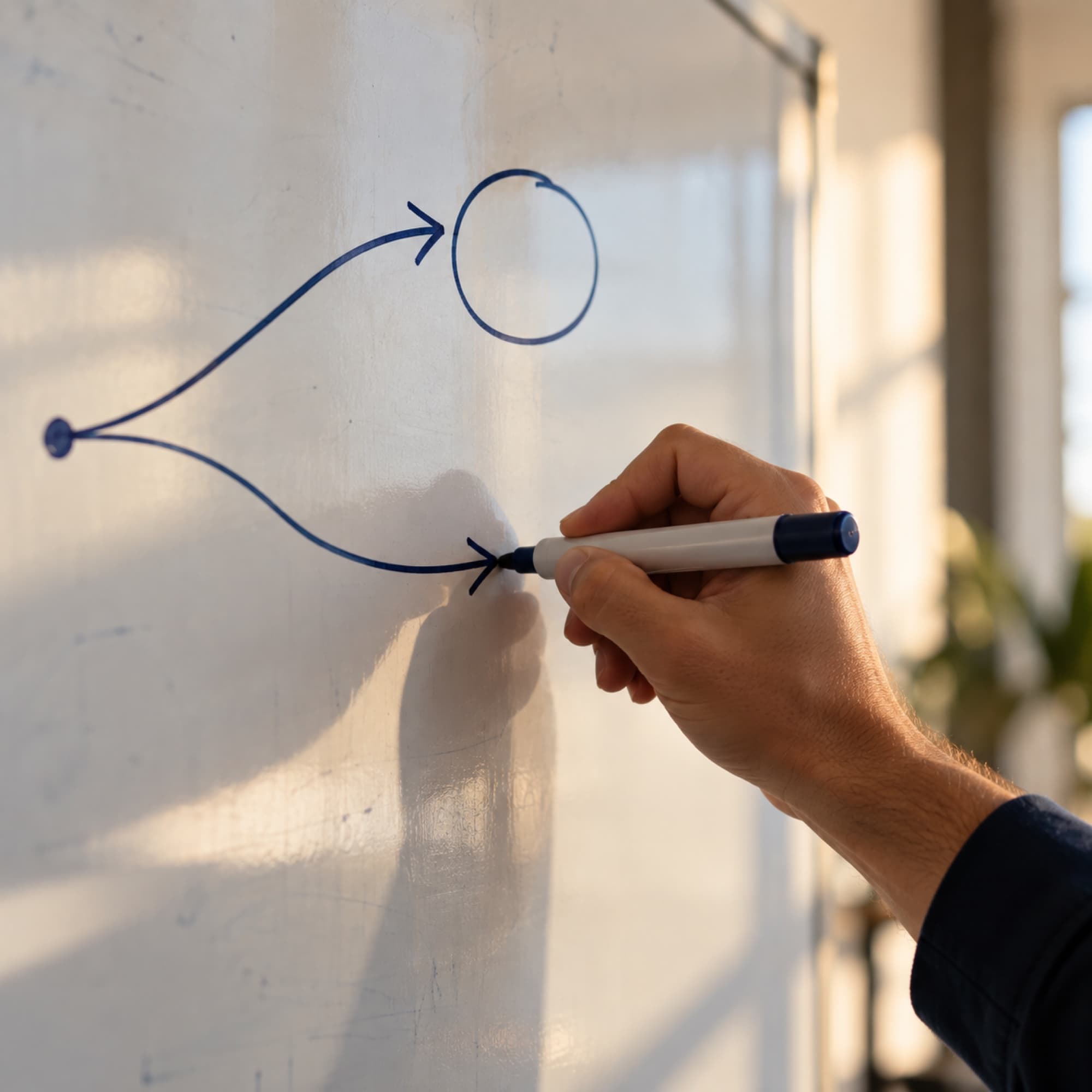 Mão desenhando dois caminhos num quadro branco